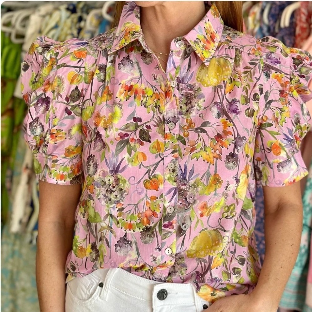Entro Womens Floral Puff Sleeve Button Down Top Purple Botanical Size Large